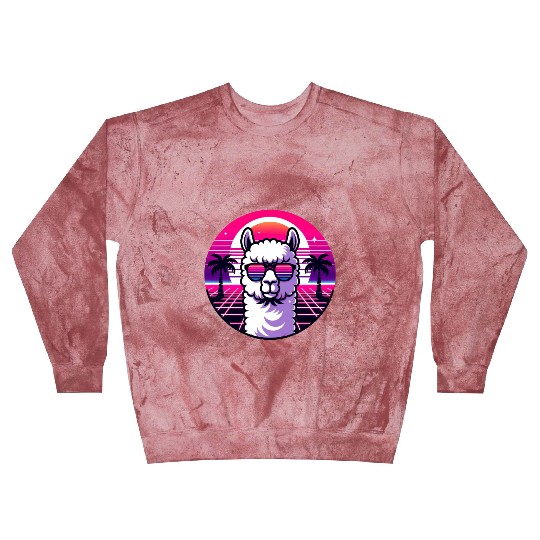 Retro Sunset Llama with Sunglasses in Neon Vibes Blast Sweatshirts