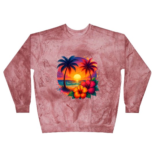 Tropical Sunset Palm Trees and Hibiscus Blast Sweatshirts