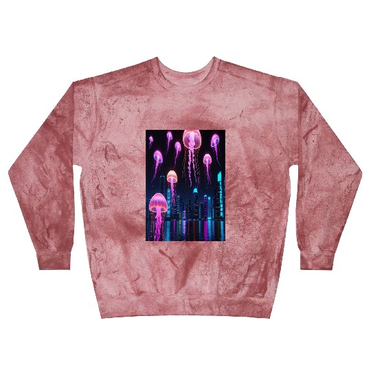 Neon Jellyfish Over Cyber City Blast Sweatshirts