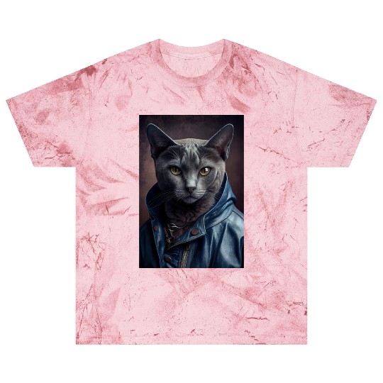 Russian Blue Cat Breed Portrait wears a leather j Blast T Shirts