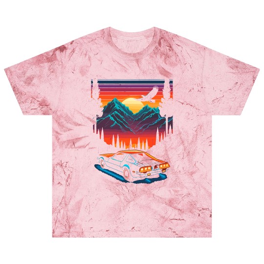 1980s Muscle Car and Retro Neon Mountain Sunset Blast T Shirts