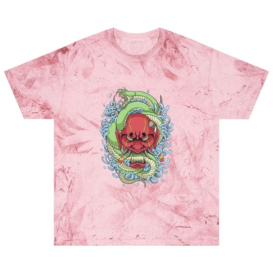 Japanese oni mask with peony flower and greem snak Blast T Shirts