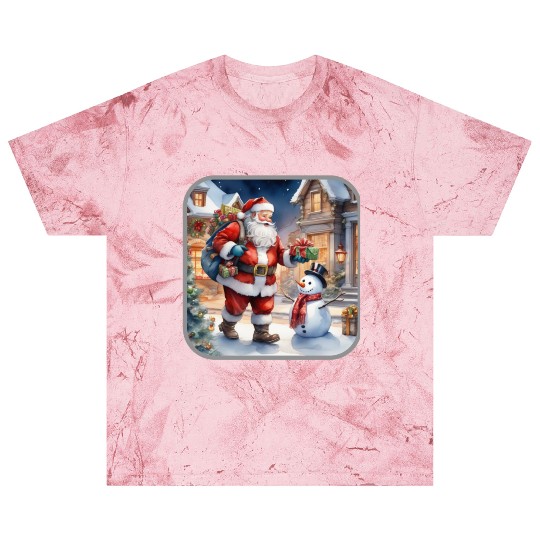 Santa Claus and a snowman distributes gifts. Blast T Shirts