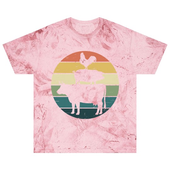Retro Rainbow Stacked Farm Animals Cow Pig Rooster Blast T Shirts