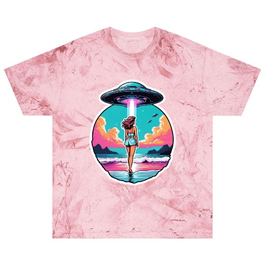 Woman at the shore walking towards a UFO. Blast T Shirts