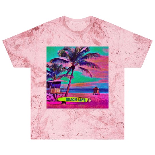 Neon Beach Life Scene 90's Vibes - Surfboard, Sand Blast T Shirts