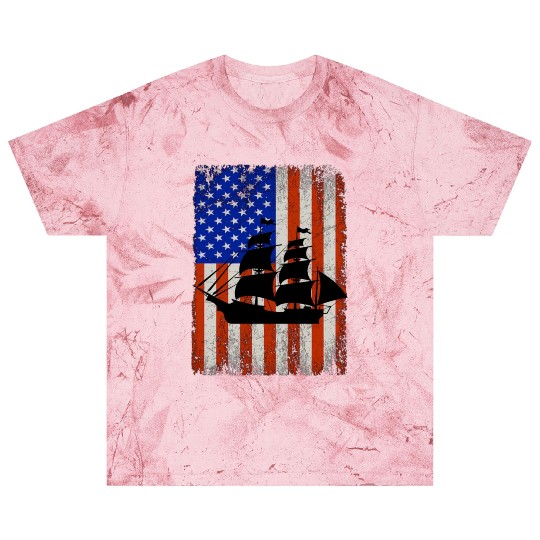 Black silhouette of pirate boat American flag Blast T Shirts