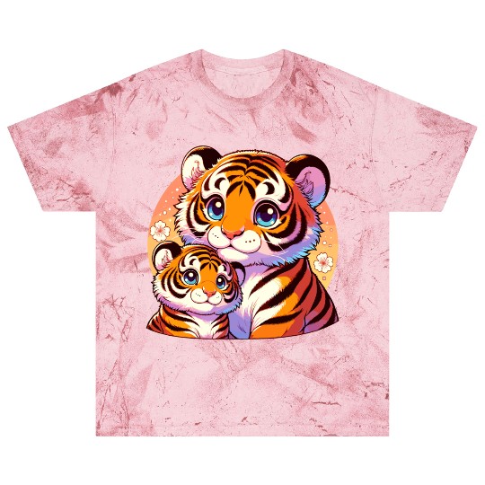 Cute Tiger Mom and Cub Illustration with Flowers Blast T Shirts