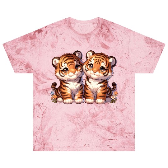 Adorable Twin Tiger Cubs Illustration with Flowers Blast T Shirts