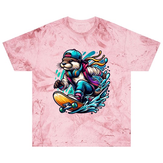 Cool Otter Skateboarding with Headphones Vibrant Blast T Shirts