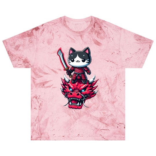 Samurai Cat with Sword on Dragon in Epic 3D Effect Blast T Shirts