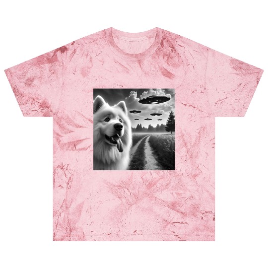 Samoyed Dog Funny Graphic Selfie with UFOs Weird A Blast T Shirts