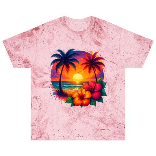 Tropical Sunset Palm Trees and Hibiscus Blast T Shirts