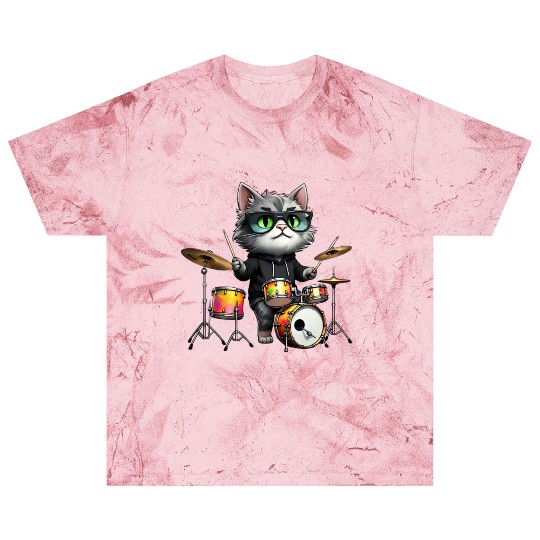 Gray Cat with Neon Drums Blast T Shirts