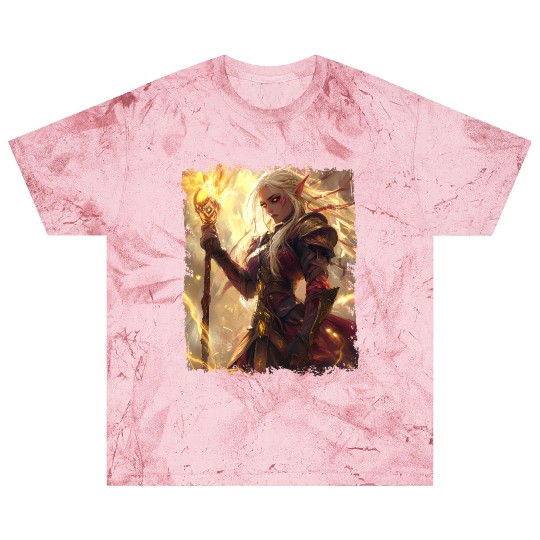 Fiery Elf Mage with Glowing Magical Staff Design Blast T Shirts