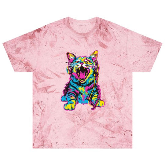 Psychedelic Cat with Headphones in Vibrant Colors Blast T Shirts