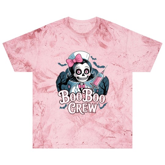 Gothic Nurse Skeleton with BooBoo Crew Text Blast T Shirts