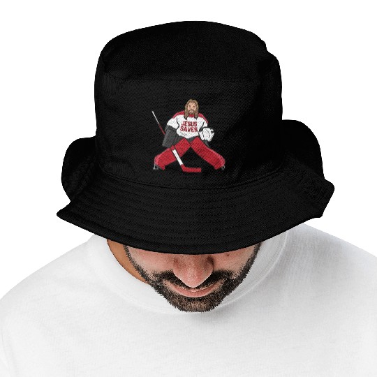 Funny Hockey Jesus Saves Hockey Goalie Bucket Hats