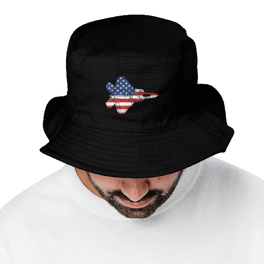 F-22 Raptor Fighter Jet Airplane American Flag F22 Bucket Hats