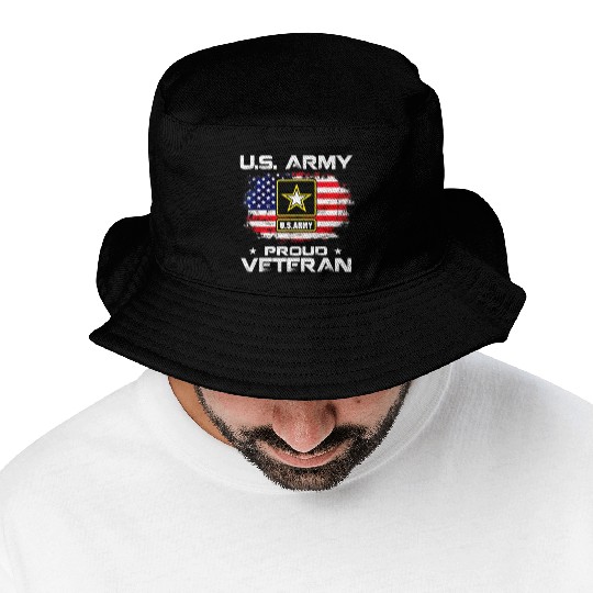 US Army Proud Veteran With American Flag Gift Bucket Hats