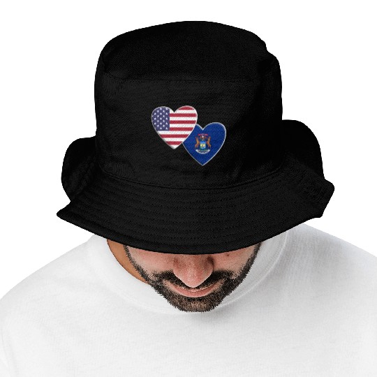 USA American State Of Michigan Flag Patriotic 4th Bucket Hats