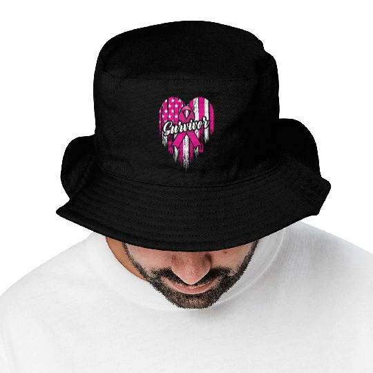Breast Cancer Survivor Pink Ribbon American Flag Bucket Hats