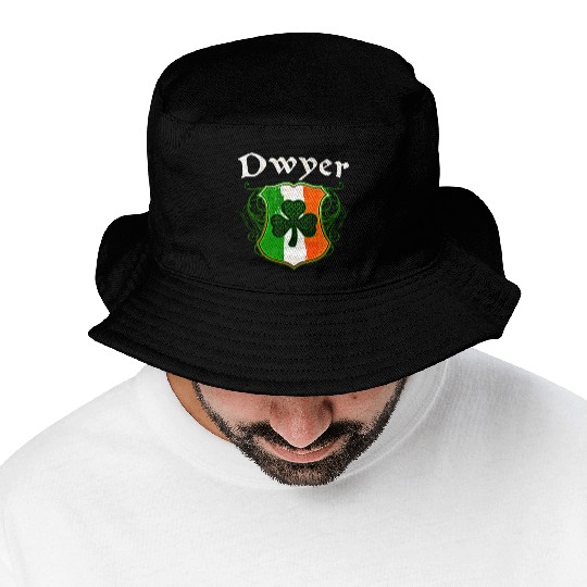 Dwyer Irish Surname Ireland Flag Shield Shamrock Bucket Hats