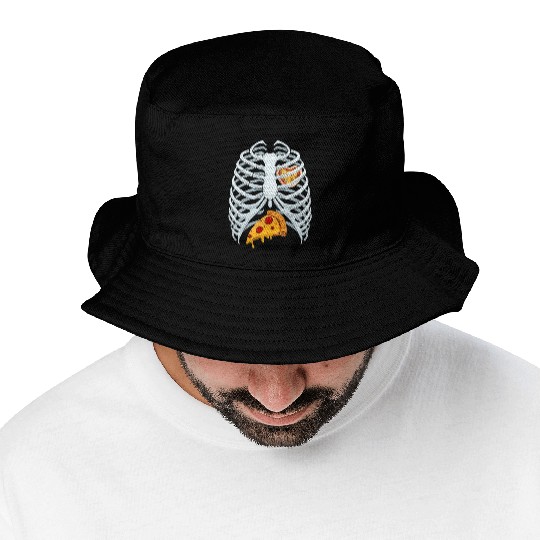Funny PIzza Skeleton Rib Cage Halloween Costume Bucket Hats