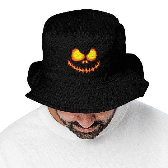 Scary pumpkin face with neon effect and fire color Bucket Hats