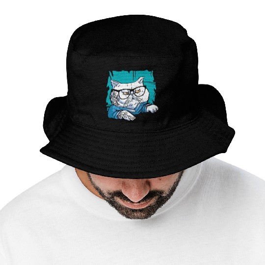 Stylish Nerd Persian Cat Beanie Glasses Tattoo Bucket Hats