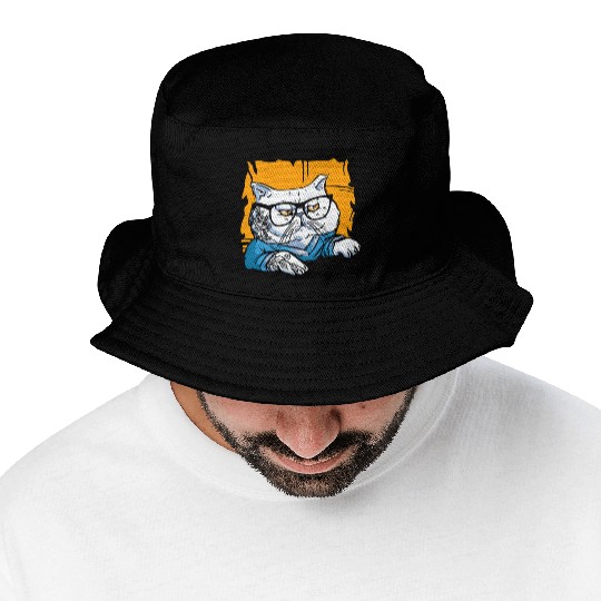 Stylish Nerd Persian Cat Beanie Glasses Tattoo Bucket Hats