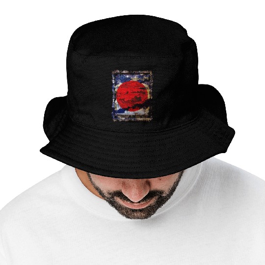 Japan Flag Red Circle Blue Mountain Collage Art 74 Bucket Hats