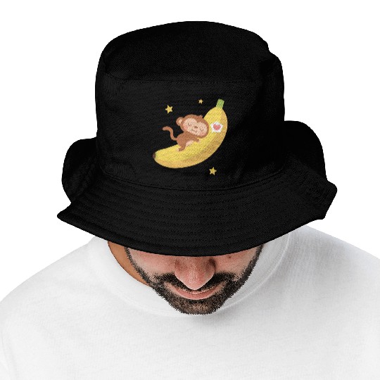 Cute Monkey Hugging Banana Moon Bucket Hats