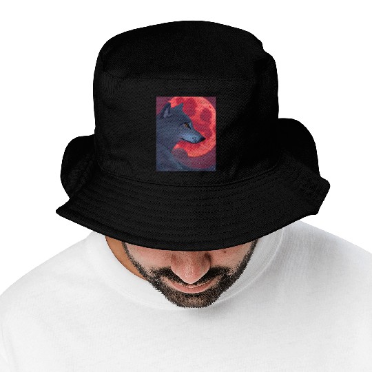 A Grey Wolf Staring at a Blood Moon Bucket Hats