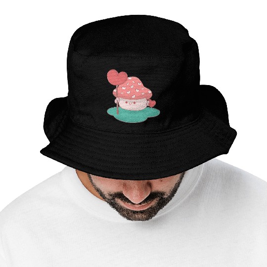 cute little mushroom holding a candy heart Bucket Hats