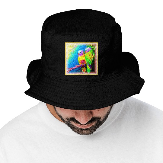 A Vibrant and Joyful Rainbow Birds. Buy Now Bucket Hats
