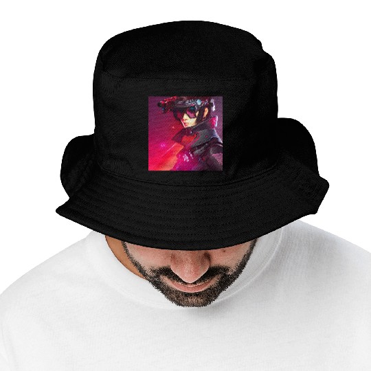 Cyberpunk Girl red Neon light Bucket Hats