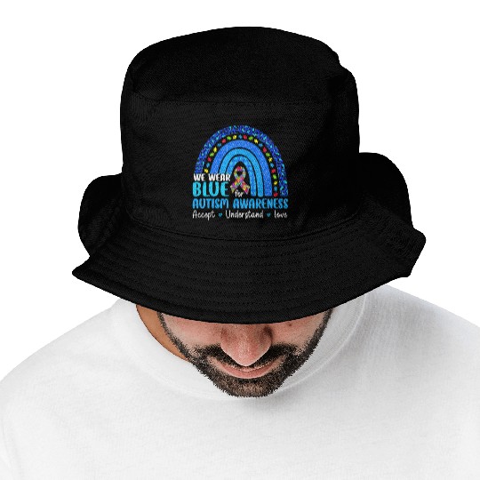 Rainbow Be Kind Trendy Bucket Hats We Wear Blue For Autism