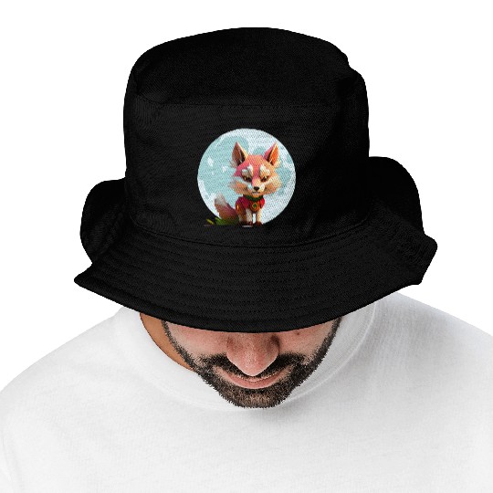 Wolf howling at the moon graphic Bucket Hats