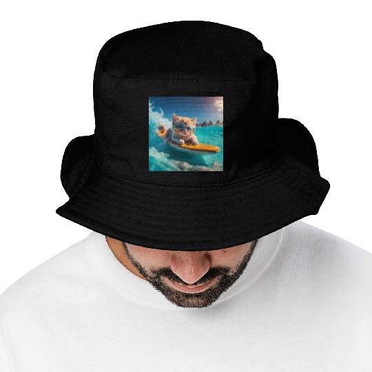 A cute cat surfing in the blue water Bucket Hats