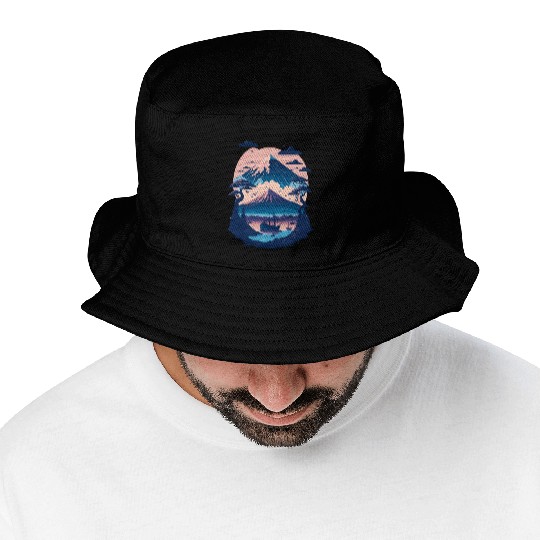 Serene Mount Fuji Sunset Peaceful River Scenery Bucket Hats