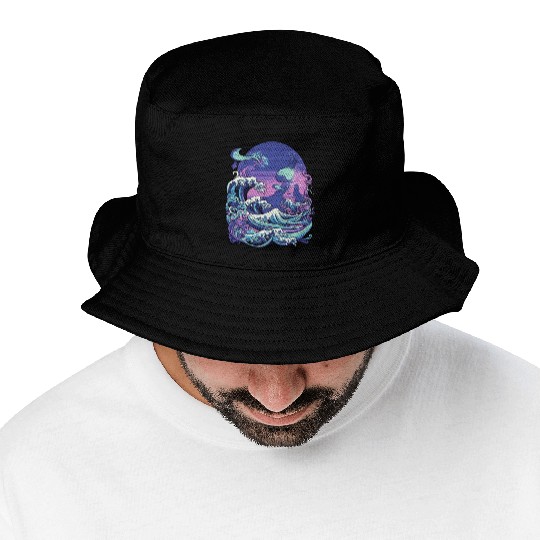 Tsunami wave japanese art, low colour palette Bucket Hats