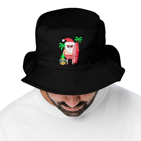 Santa Surfing Hawaiian Beach Christmas In July Bucket Hats