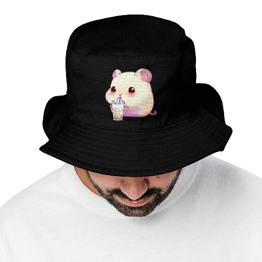 Kawaii hamster with bubble tea Bucket Hats