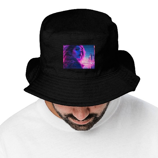 Synthwave girl in front of a neon light city Bucket Hats