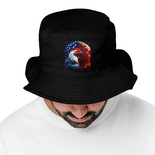 America chicken under Moon with American Flag Bucket Hats