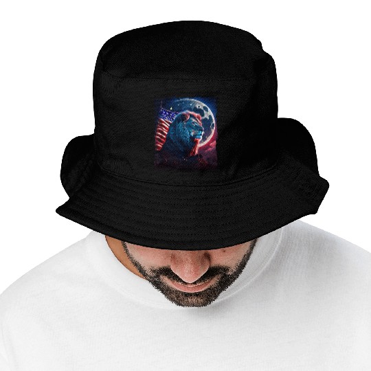 America lion under Moon with American Flag Bucket Hats