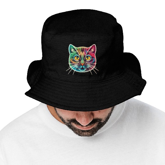 cat face neon design Bucket Hats