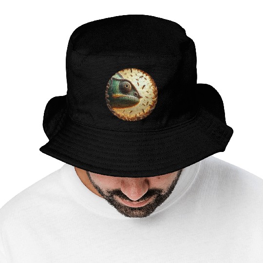 Chameleon head surrounded by bees Bucket Hats