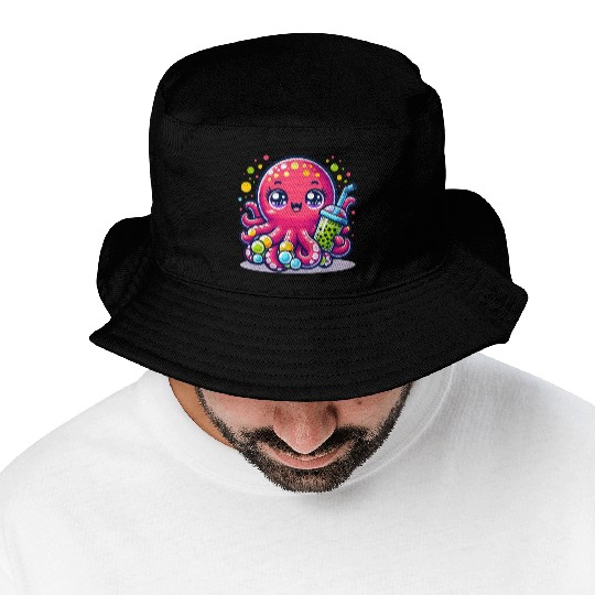 Kawaii Octopus With Bubble Tea Sea Ocean Boba Tea Bucket Hats